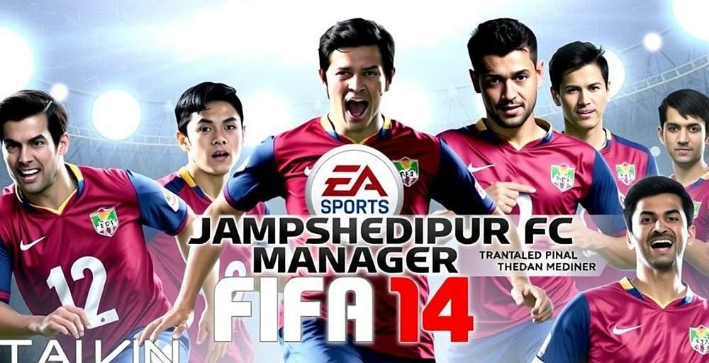 FIFA 14: Jamshedpur FC Manager game cover showing Indian football players in Jamshedpur FC jersey
